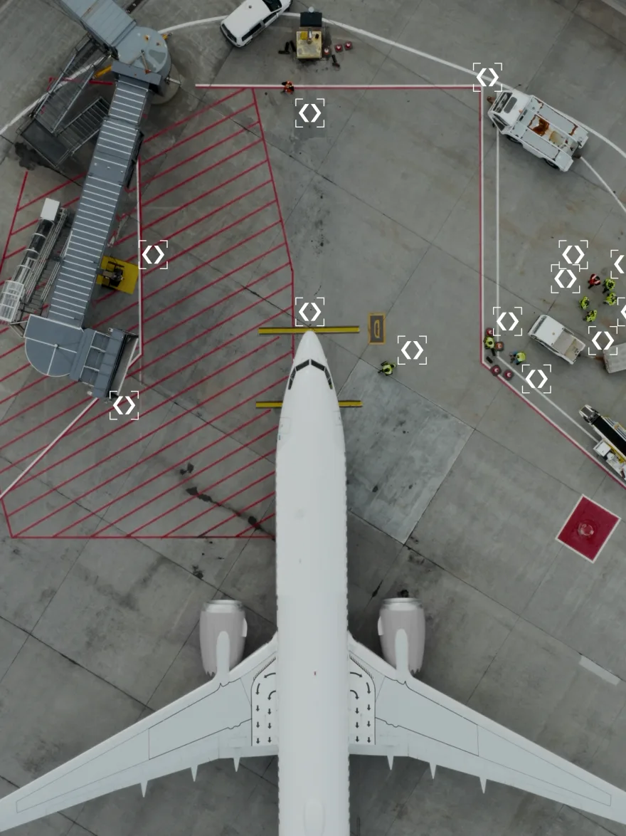 Aerial top-down view of an airliner parked at an airport gate, with operational zones marked