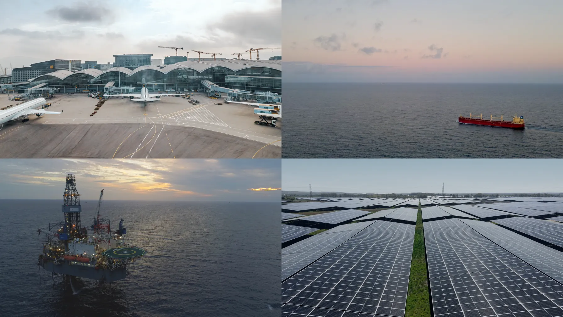 Aerial views of an airport, a cargo ship at sea, an offshore oil rig and a solar farm