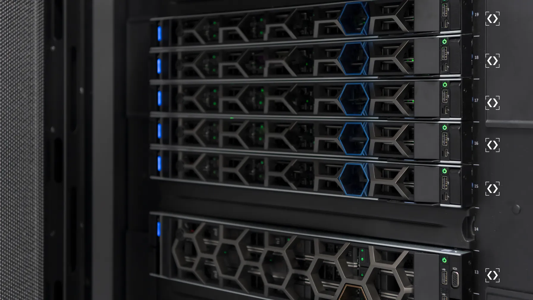A rack of enterprise servers with status lights, each unit framed by a targeting marker